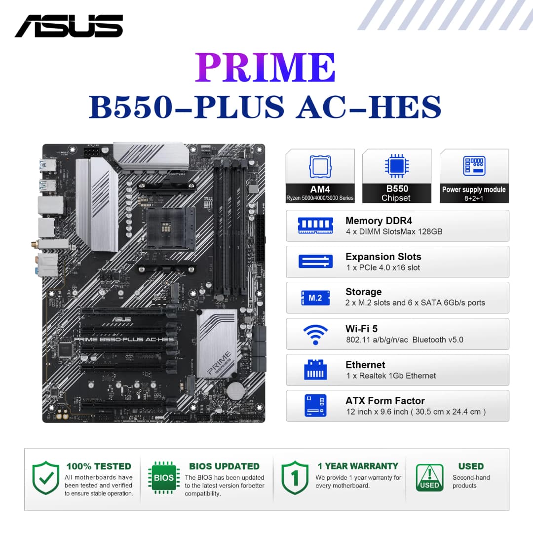 لوحة أم ASUS PRIME B550-PLUS AC-HES مقبس AM4 وحدة معالجة مركزية DDR4 4866 (OC) مجموعة شرائح B550 لوحة رئيسية ATX