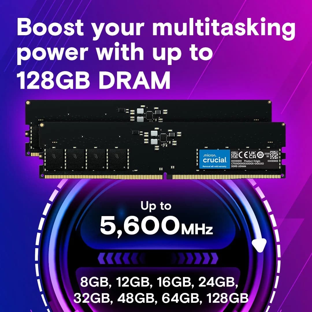 ذاكرة رام كروشيال DDR5 لسطح المكتب 8/16/32 جيجابايت بتردد 4800/5200/5600 ميجاهرتز UDIMM 288-Pin، متوافقة مع معالجات إنتل كور وAMD رايزن - 3