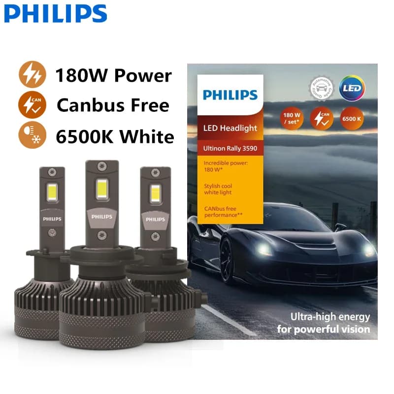 مصابيح فيليبس Ultinon Rally 3590 LED H4 H7 H11 HB3 HB4 HIR2 بقوة 180 واط إضاءة ساطعة 6500K أبيض أقصى لومن وات
