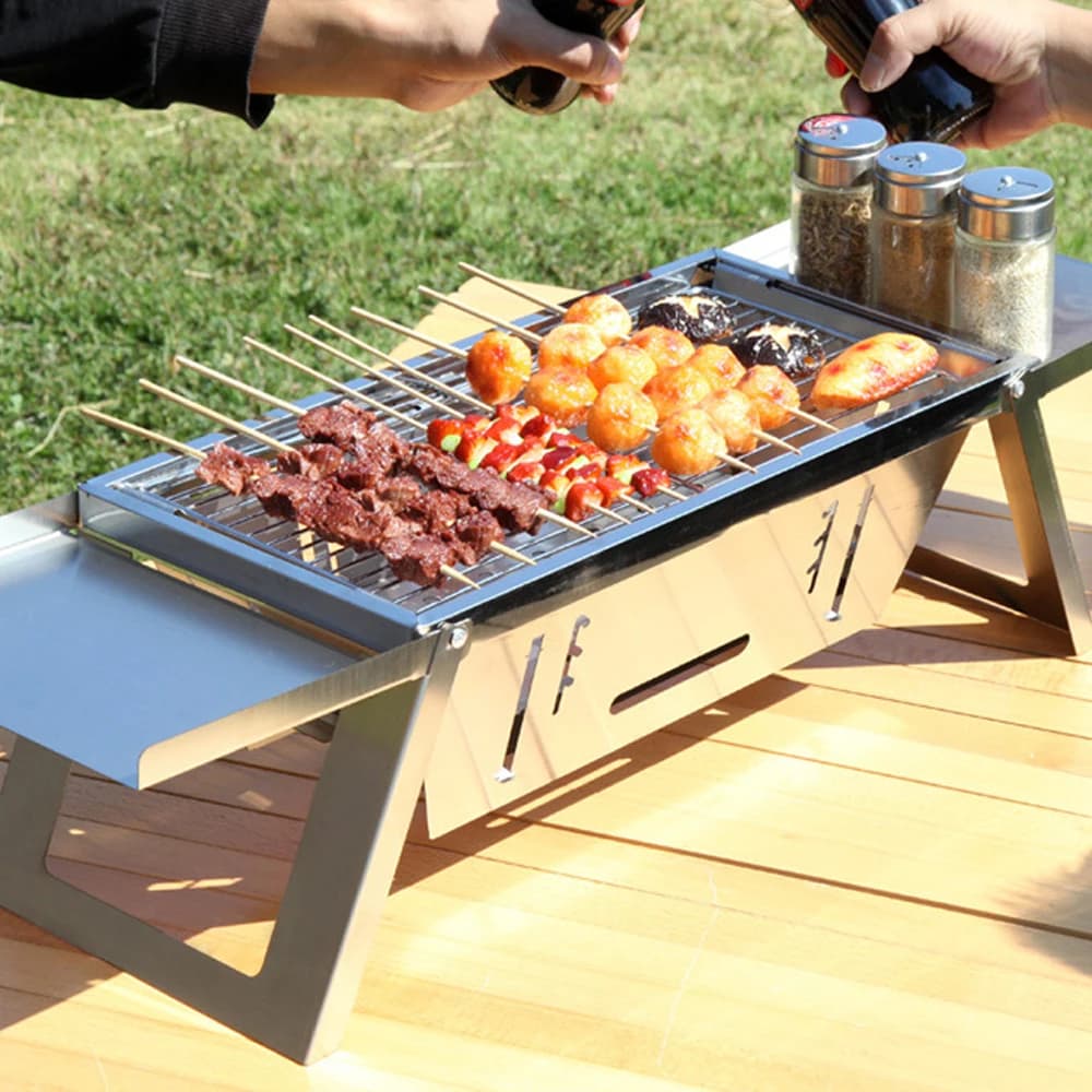 Portable Camping BBQ Grill 3 Hight Adjustable Stainless Steel Folding Charcoal Backpacking Stove with Grill Gloves Carry Bag - 3