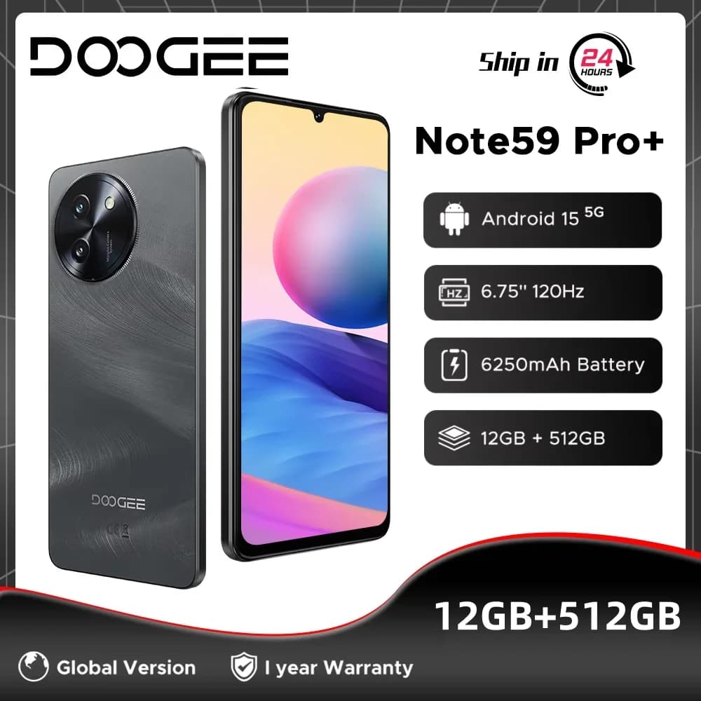 الإصدار العالمي DOOGEE Note59 Pro+ هاتف ذكي 5G بشاشة 6.75 بوصة HD+ بمعدل تحديث 120 هرتز وذاكرة 12 جيجابايت و512 جيجابايت ومعالج UNISOC T8200 وكاميرا 50 ميجابكسل وبطارية 6250 مللي أمبير يعمل بنظام أندرويد 15