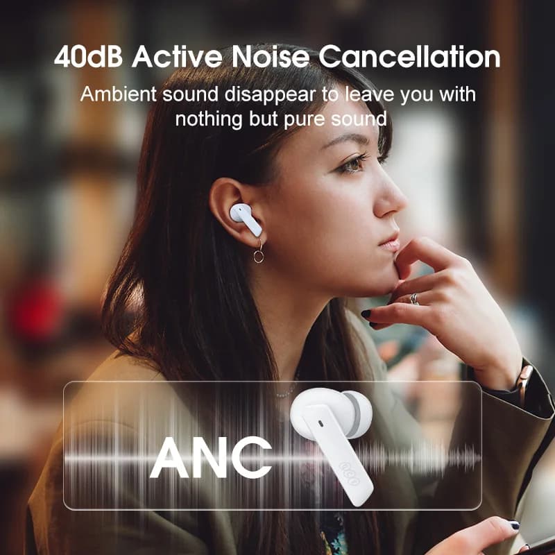 سماعات أذن لاسلكية QCY HT05 Melobuds مع تقنية إلغاء الضوضاء ANC، 40dB، وضع متعدد، 6 ميكروفونات، مكالمات معززة بالذكاء الاصطناعي، بلوتوث 5.2، شفافية 30 ساعة - 2
