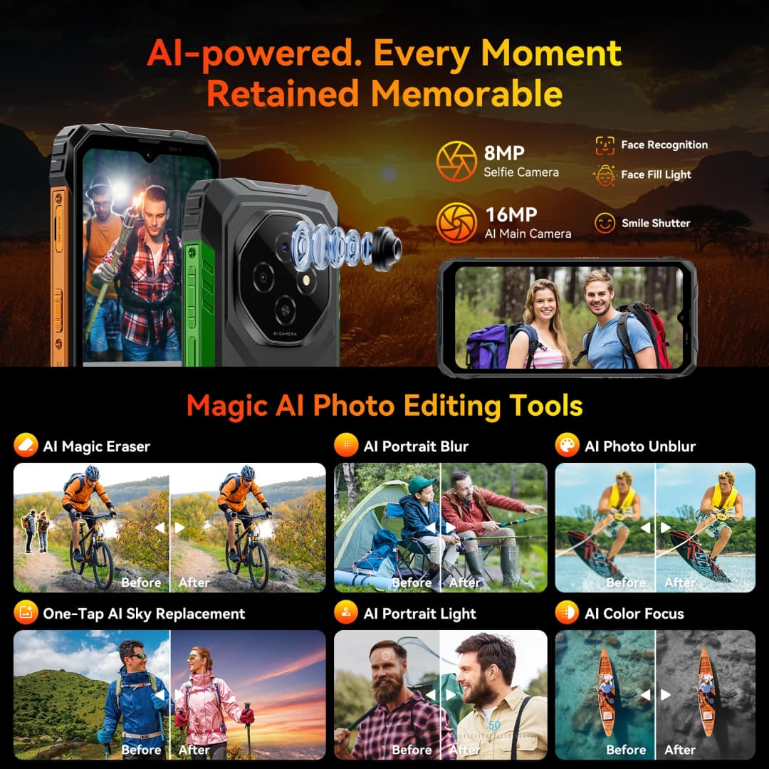 هواتف Blackview FORT 1 المتينة، 6.65 بوصة أندرويد 15 هاتف ذكي AI 6GB RAM 256GB+2TB ROM، Unisoc Tiger T615 10000mAh - 6