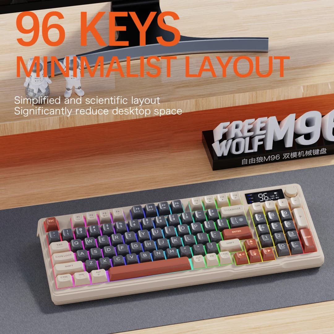 لوحة مفاتيح ميكانيكية لاسلكية ثنائية الوضع من FREEWOLF M96، 2.4G بلوتوث 5.0، 96 مفتاحًا قابلة للتبديل السريع، أغطية مفاتيح PBT للرياضات الإلكترونية - 2