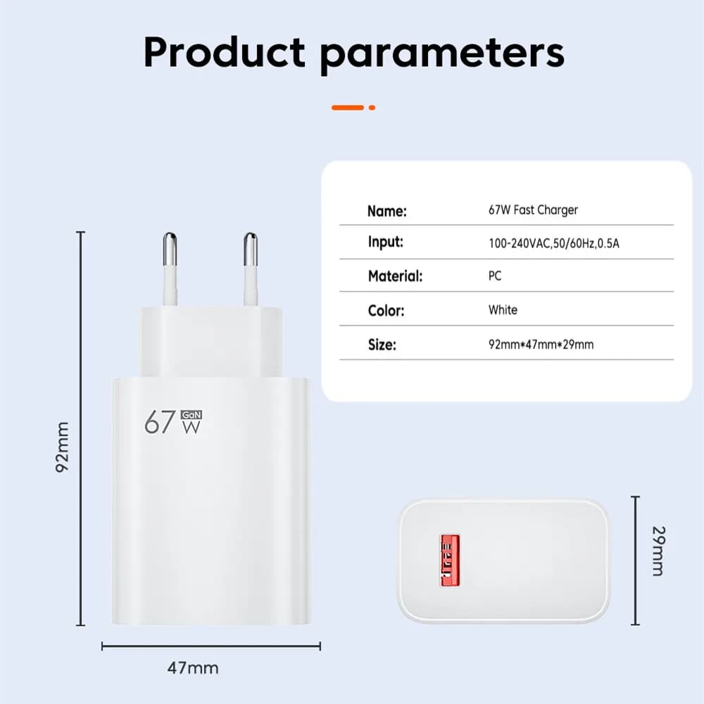 شاحن سريع يو إس بي 67 واط مع كابل نوع C 6A لجهاز Xiaomi 14 و13 و12 و11 Ultra وRedmi Note 12T و13 Pro وPOCO X5 وX4، محول شحن سريع - 6