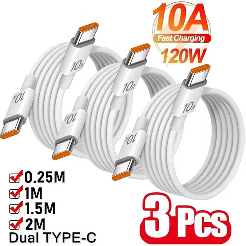 1/3 قطع كابل 10A شحن فائق السرعة 120W Type C إلى Type C نقل بيانات عالي السرعة لآيفون سامسونج شاومي كابل شاحن