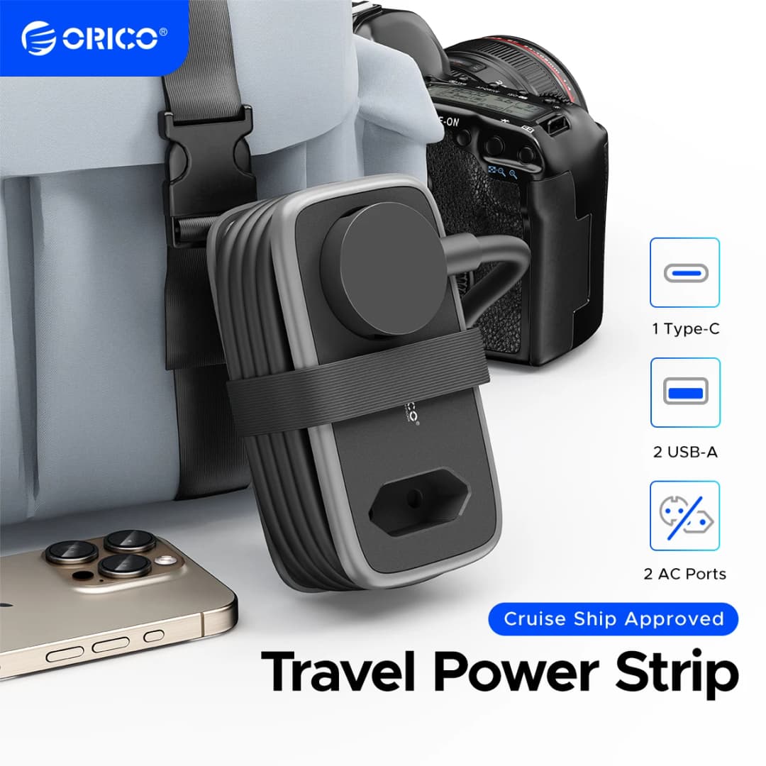 شريط طاقة ORICO بقابس EU مع سلك تمديد 1.1 متر، 2 منفذ AC و2 USB Type C للشحن السريع، محمول للمنزل والمكتب والسفر