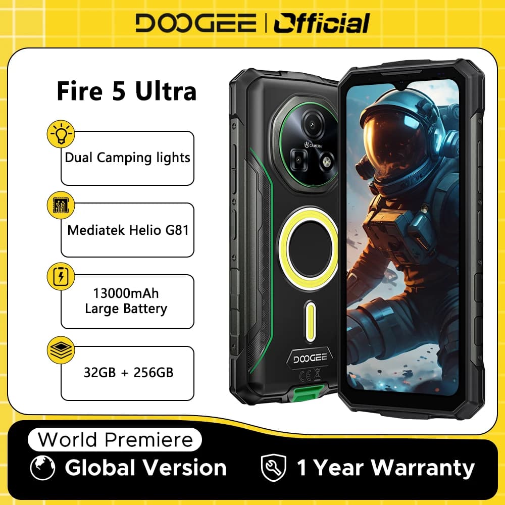 هاتف DOOGEE Fire 5 المتين فائق التحمل 32 جيجابايت + 256 جيجابايت بطارية 13000 مللي أمبير معالج Mediatek Helio G81 شاشة 6.6 بوصة كاميرا 48 ميجابكسل إضاءة تخييم نظام أندرويد 15