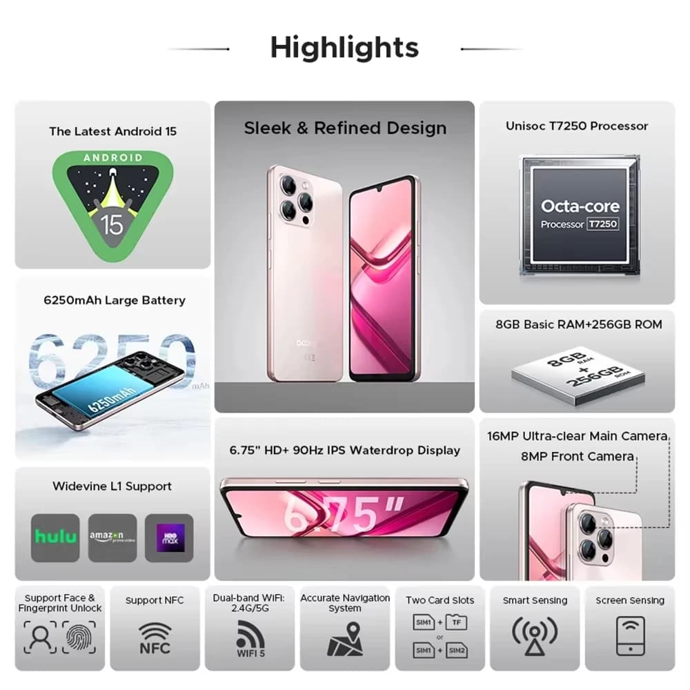 هاتف DOOGEE Note58 برو الذكي بشاشة 6.75 بوصة HD+، محمول، 8 جيجابايت رام، 256 جيجابايت روم، بطارية 6250 مللي أمبير، أندرويد 15، تقنية NFC - 6