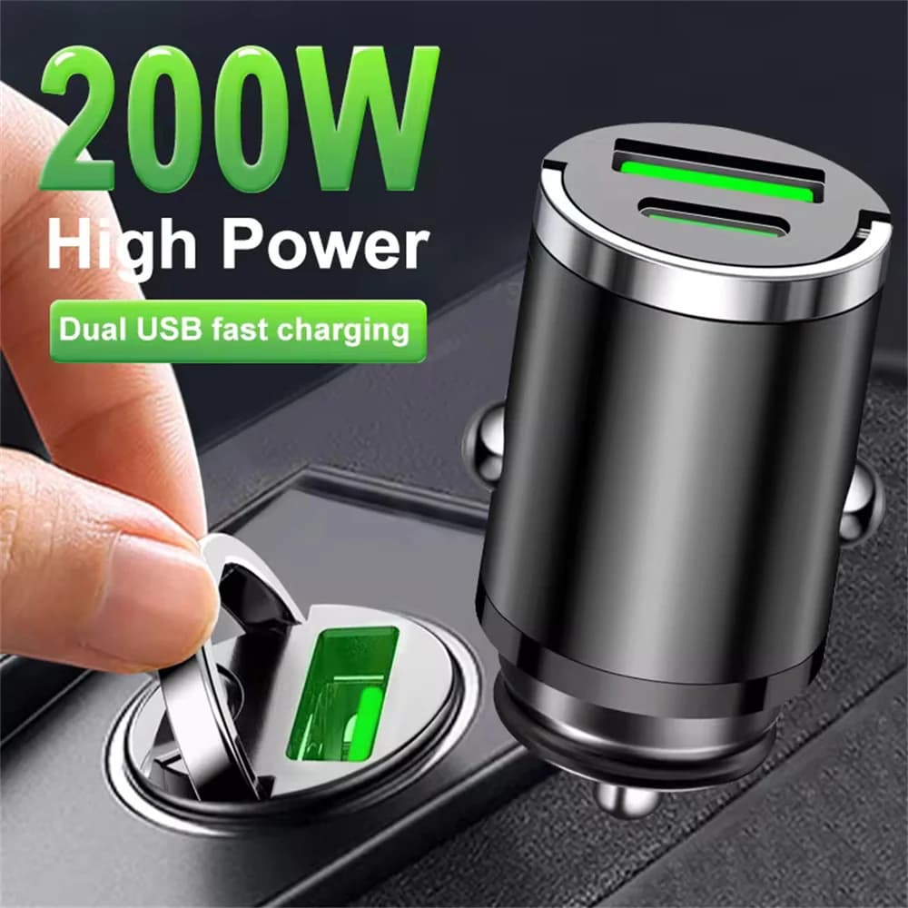 شاحن سيارة صغير بقدرة 200 وات شحن سريع لهاتف iPhone QC3.0 mini PD USB Type C شاحن هاتف محمول للسيارة لهاتف Xiaomi Samsung Huawei