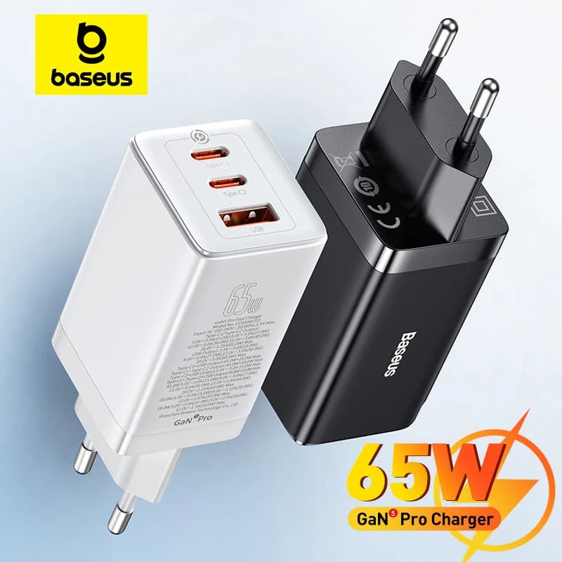 شاحن قوي 65 واط من Baseus بشاحن GaN وشحن سريع من النوع C وشاحن USB وشاحن سريع محمول للابتوب وآيفون 17 و16 و15 و14 و13
