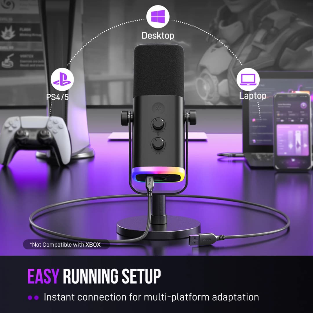 ميكروفون ديناميكي FIFINE USB/XLR مع تحكم RGB، مقبس سماعة رأس، كتم الصوت، لتسجيل ألعاب الكمبيوتر AmpliGame-AM8 - 4