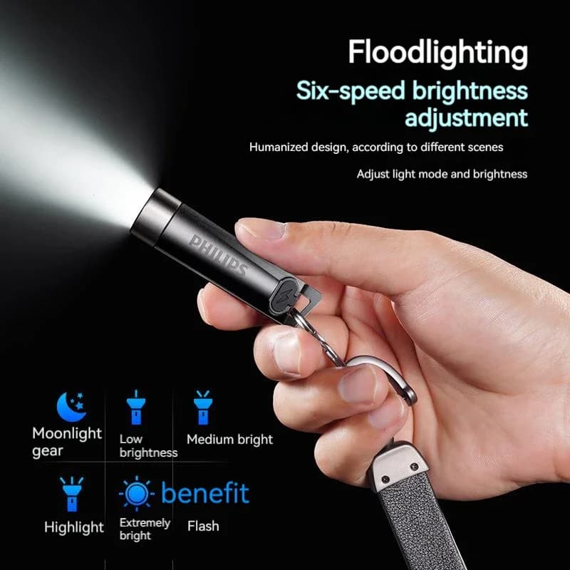 كشاف PHILIPS EDC LED قابل لإعادة الشحن، مصباح صغير، كشاف مفاتيح EDC، مصباح تخييم للمشي والدفاع عن النفس - 4
