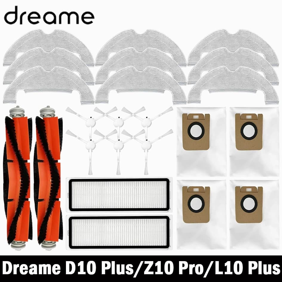 قطع غيار دريم بوت D10 بلس / RLS3D / Z10 برو / L10 بلس: بكرة رئيسية، فرشاة جانبية، فلتر هيبا، ممسحة قماش، كيس غبار