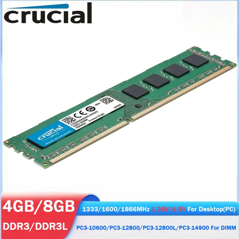 ذاكرة رام كروشيال DDR3 DDR3L بسعة 4 جيجابايت و8 جيجابايت وسرعة 1600 ميجاهرتز و1333 و1866 ميجاهرتز، ذاكرة DIMM بجهد 1.35 فولت و1.5 فولت و240 دبوس PC3-10600 PC3L-12800 14900 لأجهزة الكمبيوتر المكتبية