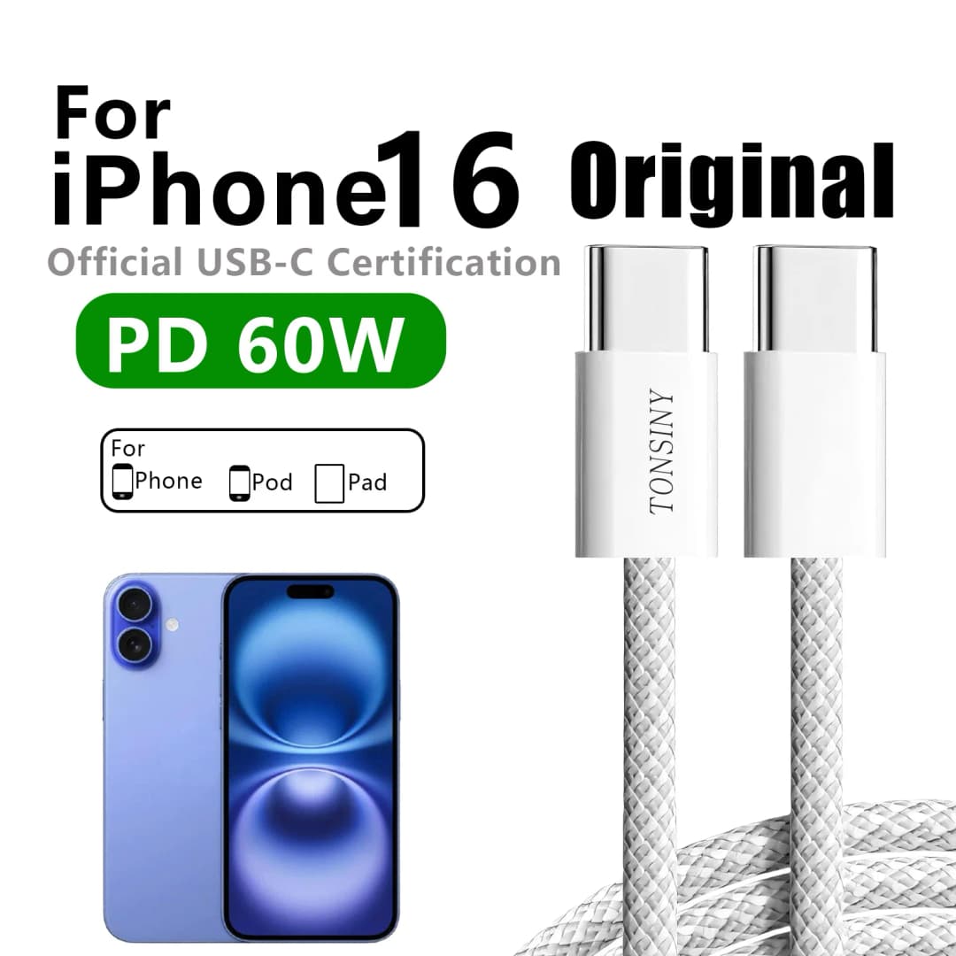 كابل USB-C أصلي لهواتف آيفون 17 16 15 برو ماكس PD شحن سريع 60 واط لهواتف هواوي شاومي سامسونج جوجل سلك مضفر Type C