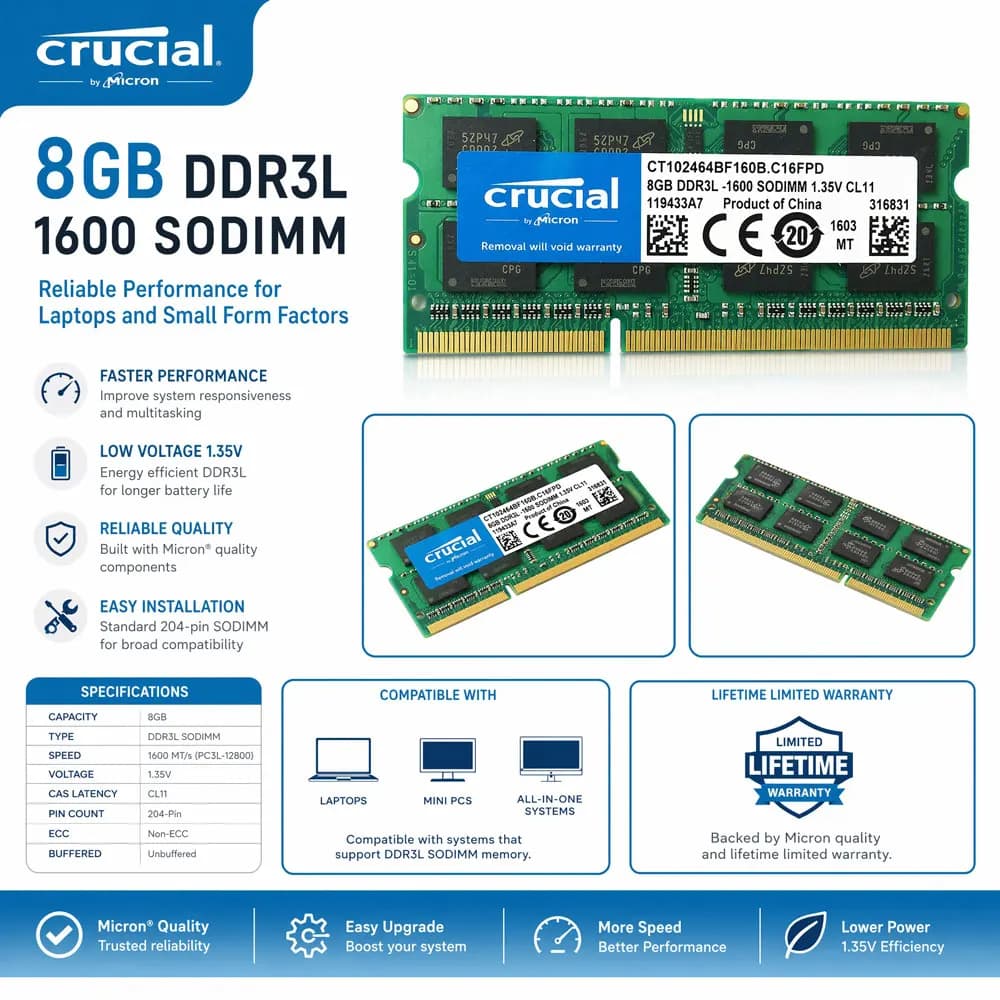 ذاكرة رام لابتوب كروشيال DDR3/DDR3L بسعة 8 جيجابايت، تردد 1600 ميجاهرتز/1866 ميجاهرتز، متوافقة مع إنتل وAMD، جهد 1.5V/1.35V