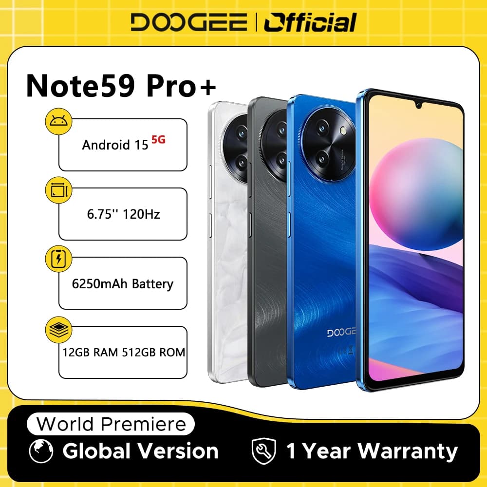 الإصدار العالمي DOOGEE Note59 Pro+ هاتف ذكي 5G بنظام أندرويد 15 وبطارية 6250 مللي أمبير وشاشة 6.75 بوصة بمعدل تحديث 120 هرتز وذاكرة 12 جيجابايت و512 جيجابايت وكاميرا ذكاء اصطناعي