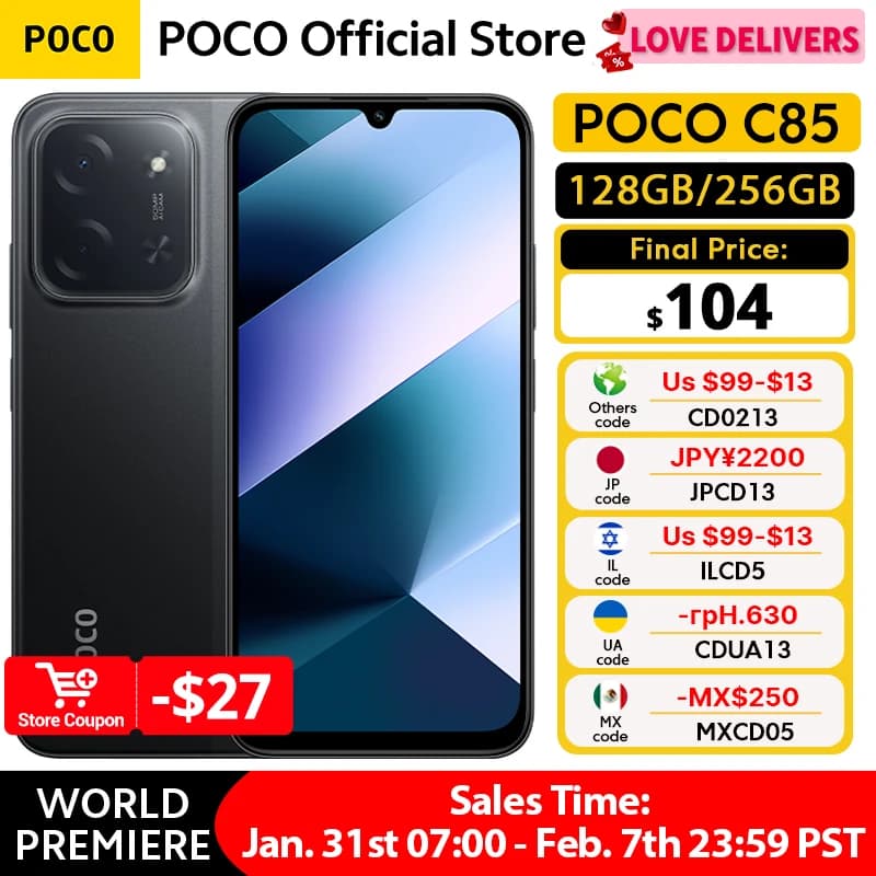 هاتف ذكي POCO C85 إصدار عالمي NFC 128GB 256GB معالج MediaTek Helio G81-Ultra شاشة 6.9 بوصة Dot Drop كاميرا رئيسية 50MP بطارية 6000mAh