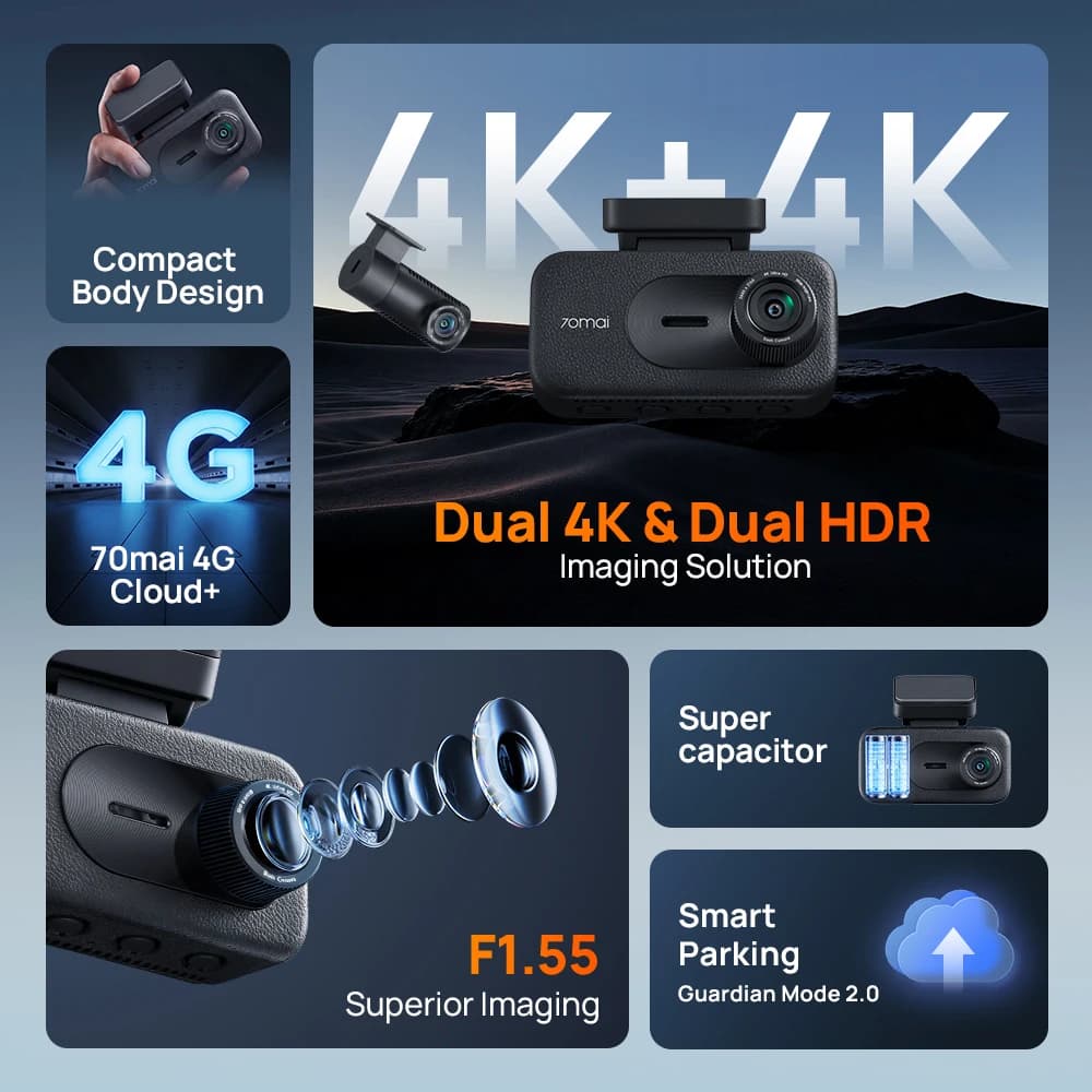 【جديد】كاميرا 70mai A900 مزدوجة بدقة 4K وHDR بفتحة عدسة f/1.55 ومكثف فائق وواي فاي 6 وجي بي إس وتنبيه إرهاق السائق و4G وخدمة التخزين السحابي LTE لمسجل سيارة DVR - 2