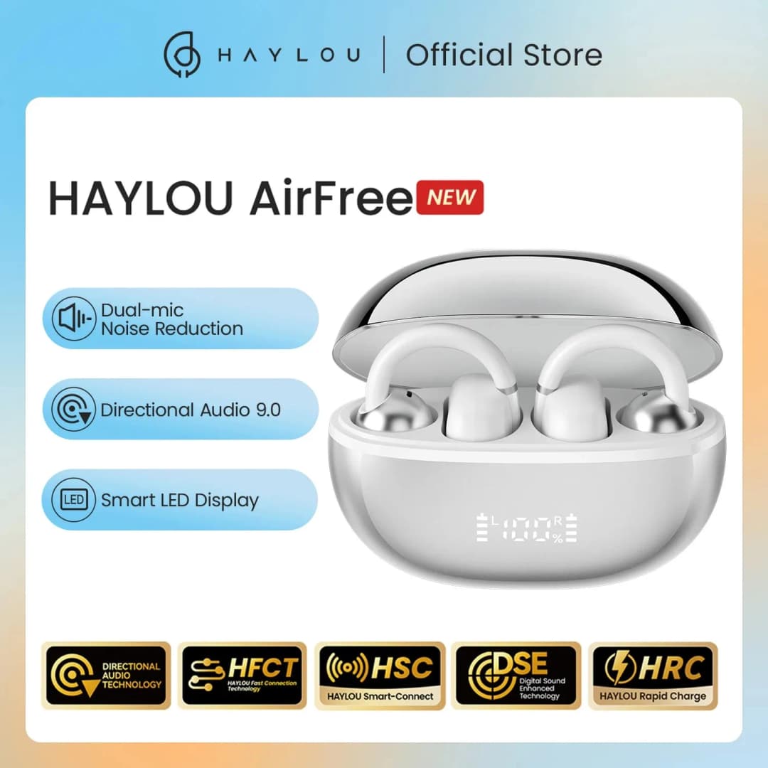 سماعات أذن لاسلكية HAYLOU AirFree مع مشبك أذن وتقنية بلوتوث 5.4 وشاشة مدمجة وميكروفون مزدوج وتقليل ضوضاء بتقنية الذكاء الاصطناعي