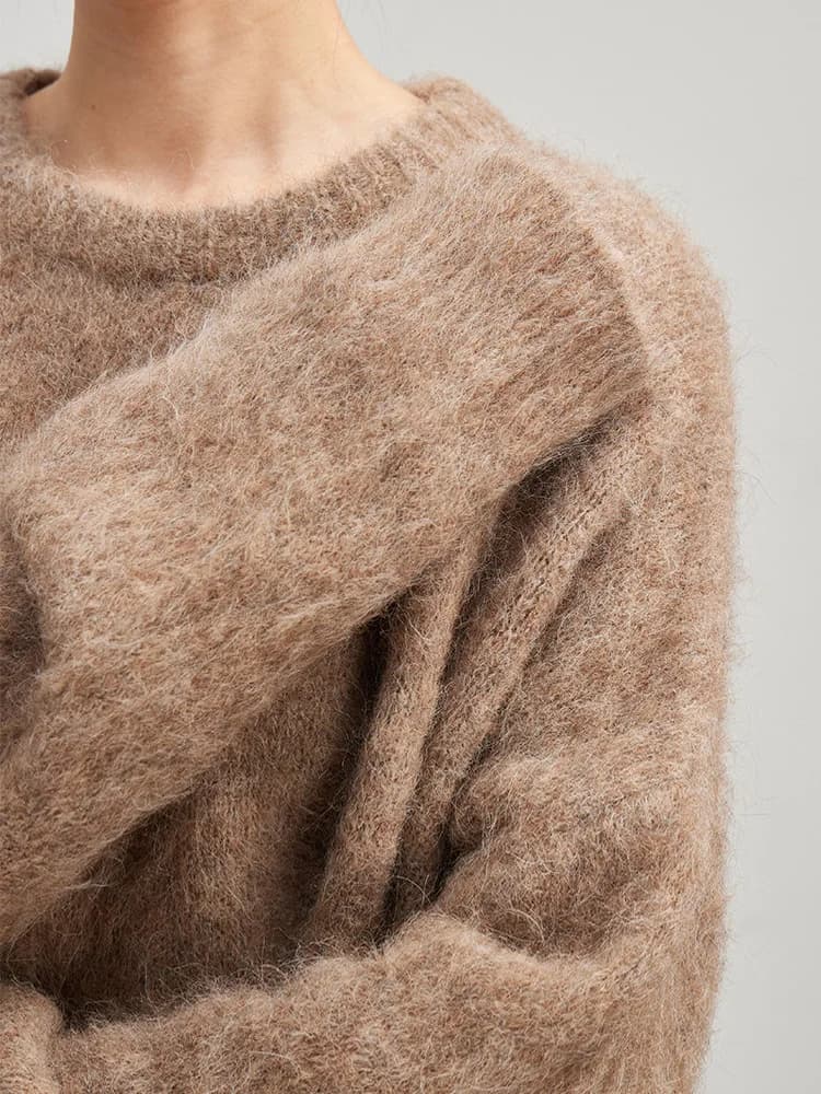 SuyaDream Warm Alpaca Pullovers for Woman, Dropped Sleeved Loose Sweaters, 2025 Fall Winter Top, Camel, Beige - 3