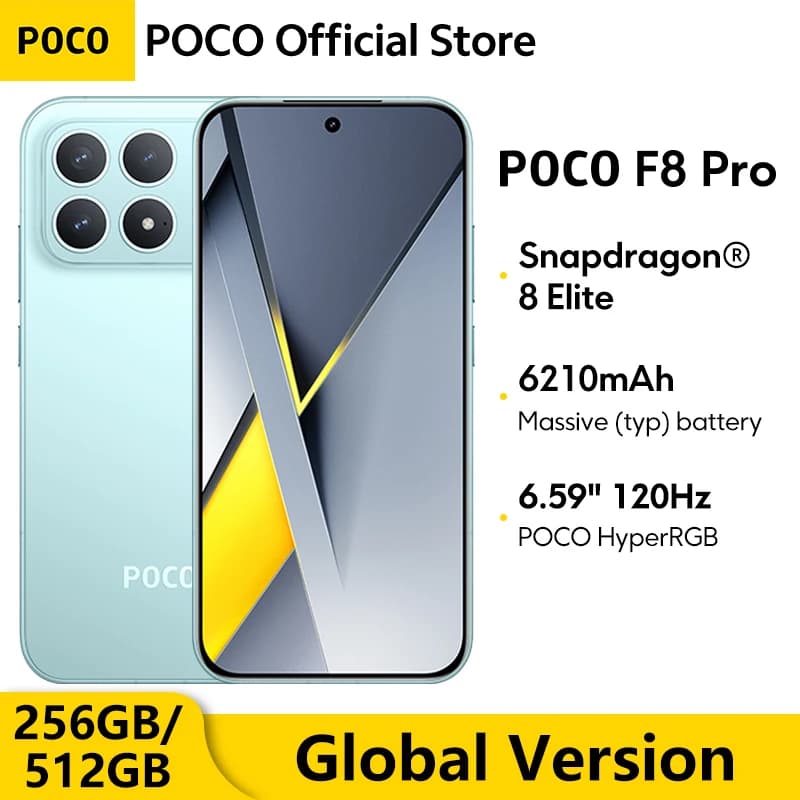 【عرض عالمي】 هاتف POCO F8 برو نسخة عالمية سناب دراجون 8 إيليت 6.59 بوصة 120 هرتز شاشة HyperRGB AMOLED بطارية 6210 مللي أمبير شحن 100 واط