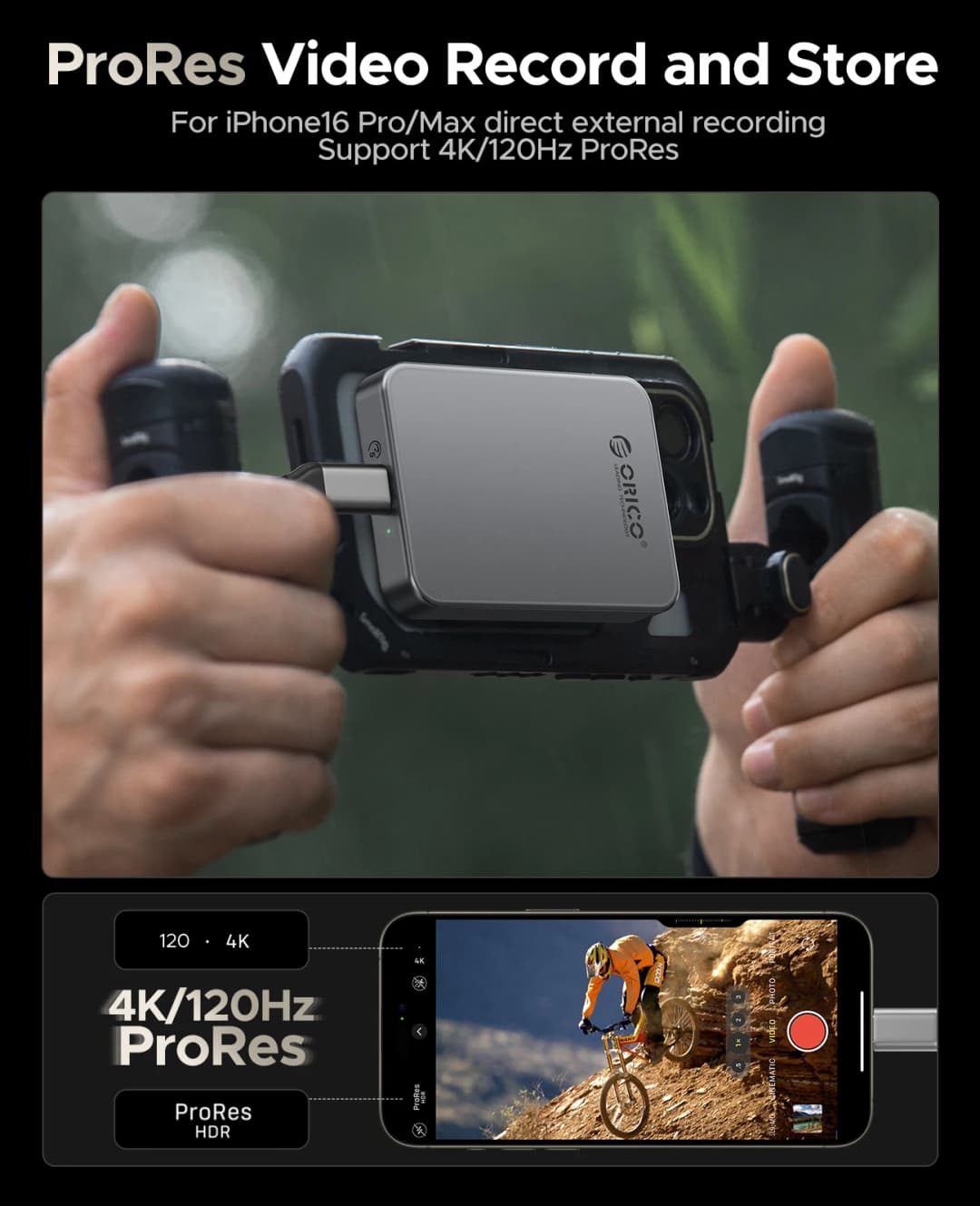 ORICO SSD محمول مغناطيسي 4K بسرعة 120 إطارًا في الثانية ProRes HDR للتسجيل والتخزين، بسرعة تصل إلى 460 ميجابايت/ثانية لهاتف iPhone 15 16 Pro Max - 4