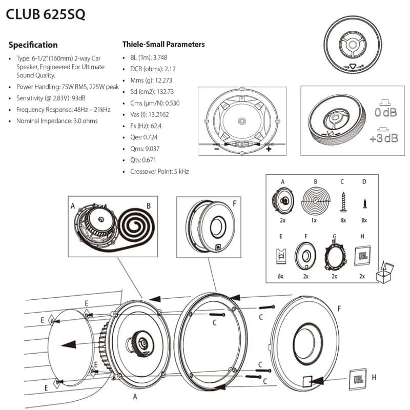سماعة JBL للسيارة مقاس 6.5 بوصة من طراز CLUB 625SQ، سماعة محورية للترددات العالية، سماعة ستيريو محيطية كاملة النطاق - 3
