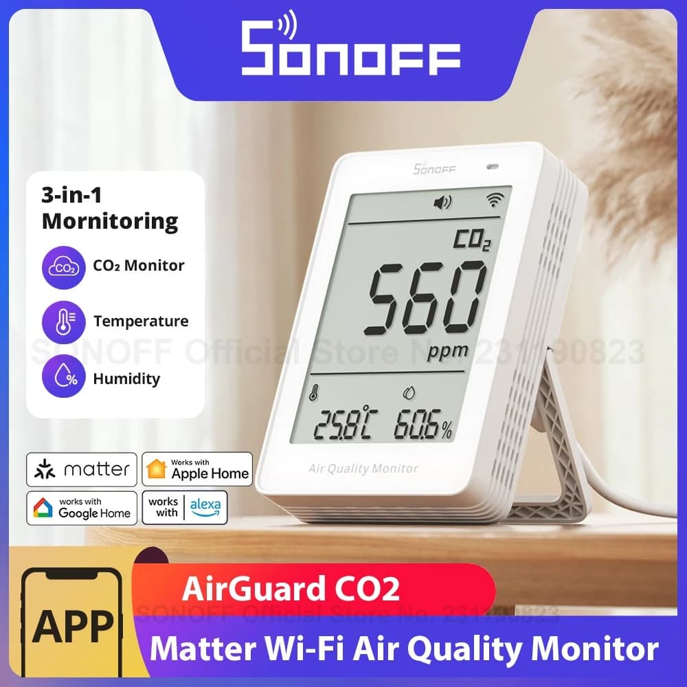 SONOFF AirGuard مراقب جودة الهواء CO2 عبر WiFi SAWF-08P مقياس درجة الحرارة والرطوبة إنذار صوت وضوء بيانات تاريخية