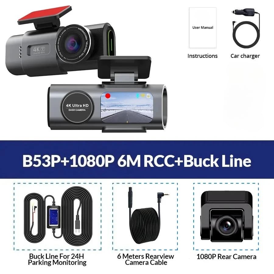 كاميرا سيارة بدقة 4K UHD تسجيل مستمر، تسجيل فيديو برؤية ليلية، واي-فاي مدمج، دعم GPS، مراقبة 24 ساعة - 3