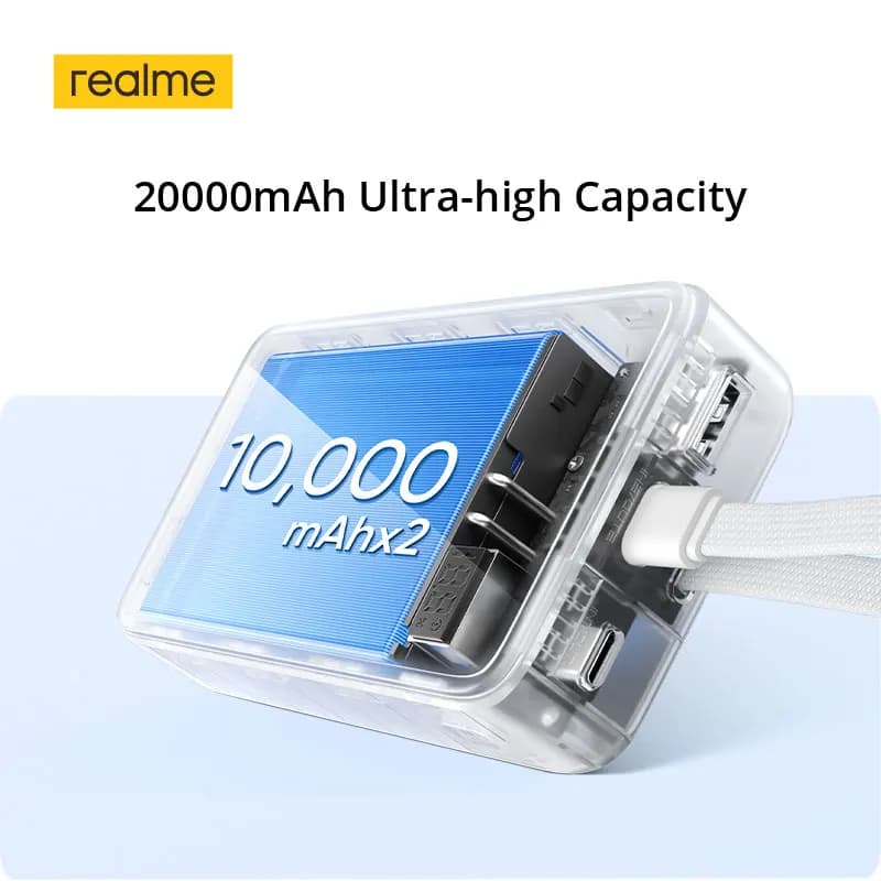 بنك طاقة realme TechLife بقدرة 20000 مللي أمبير، شحن سلكي 45 واط، كابل شحن مدمج، 3 منافذ إخراج - 4