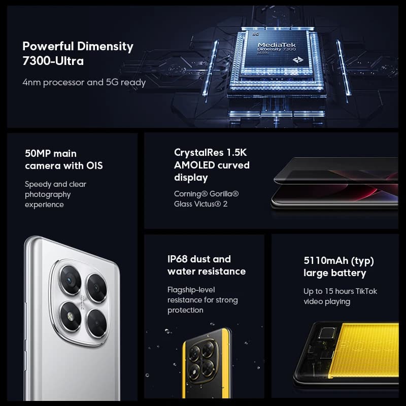 هاتف POCO X7 5G الإصدار العالمي، 256/512 جيجا، معالج Dimensity 7300-Ultra، شاشة AMOLED منحنية 6.67 بوصة، بطارية 5110 مللي أمبير، NFC، شحن 45 واط - 2