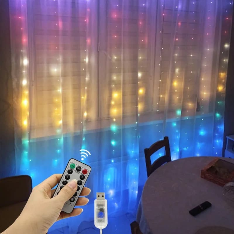 ستائر LED بطول 3/9 متر مع 8 أوضاع، تحكم عن بعد، إضاءة سلسلة للزفاف والعطلات، ديكور لغرف النوم والمعيشة - 2