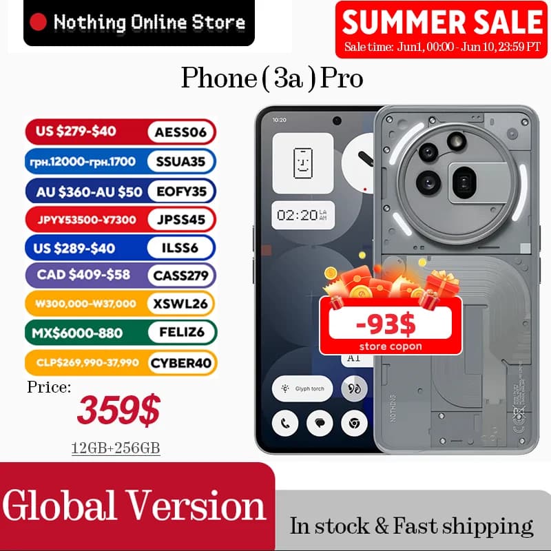 هاتف Nothing Phone (3a) Pro، 12 جيجابايت رام، 256 جيجابايت، شاشة 6.77 أموليد، معالج Snapdragon 7s Gen 3، يدعم 5G