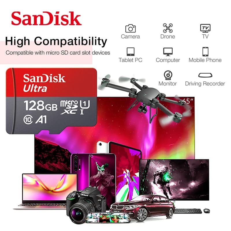 بطاقة ذاكرة سان ديسك ألترا مايكرو SD، سعات 256 جيجابايت و128 جيجابايت و64 جيجابايت و32 جيجابايت، A1، بطاقات ذاكرة SD TF، متوافقة مع الهواتف وأجهزة الكمبيوتر - 6