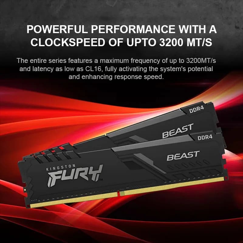 ذاكرة Kingston BEAST Fury DDR4 RAM XMP بسرعات 3600/3200/2666/2400/2133 ميجاهرتز بسعات 8 جيجابايت/16 جيجابايت/32 جيجابايت لذاكرة سطح المكتب للألعاب PC4-25600/PC4-19200 288Pin DIMM - 4
