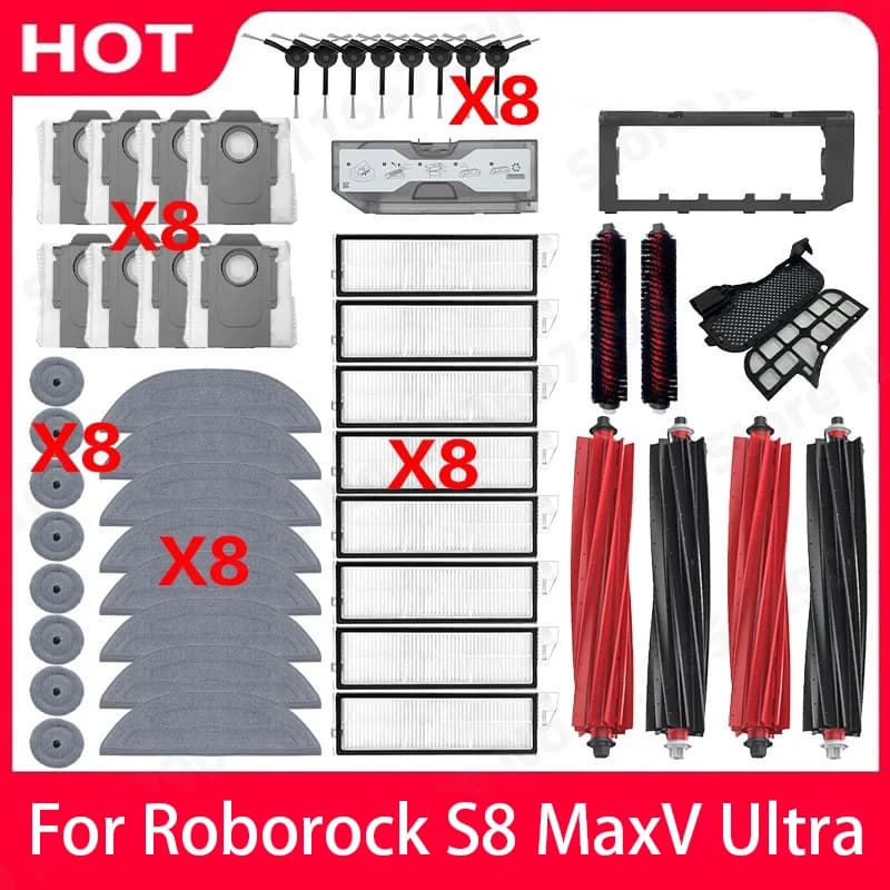 إكسسوارات مكنسة كهربائية روبوتية Roborock S8 MaxV Ultra، قطعة قماش للمسح، أكياس مكنسة، فرشاة جانبية، مرشح، قطع غيار قابلة للاستبدال