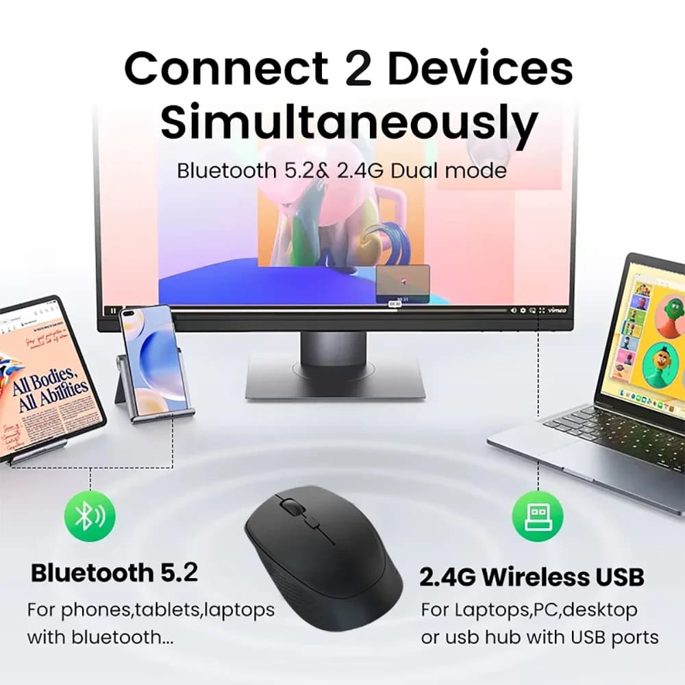 ماوس بلوتوث 5.2 لاسلكي 2.4G ثنائي الوضع ماوس صامت قابل لإعادة الشحن ماوس ألعاب 1600DPI لجهاز الكمبيوتر المحمول ويندوز ماك أو إس - 2