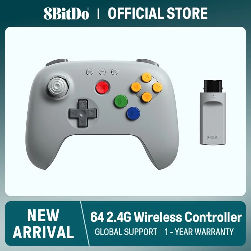وحدة تحكم لاسلكية 8BitDo 64 بتردد 2.4 جيجاهرتز - متوافقة مع جهاز N64 الأصلي وأنظمة التشغيل