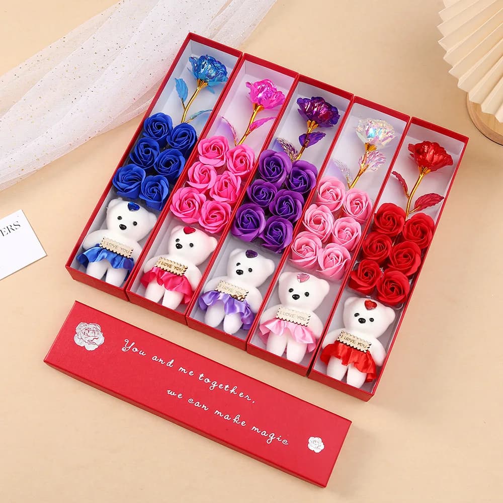 Plush Bear Artificial Flower Gift Box Soap Rose Flowers 24K Gold Foil Rose Valentines Day Mother Day Gift Wedding Home Decor - 2