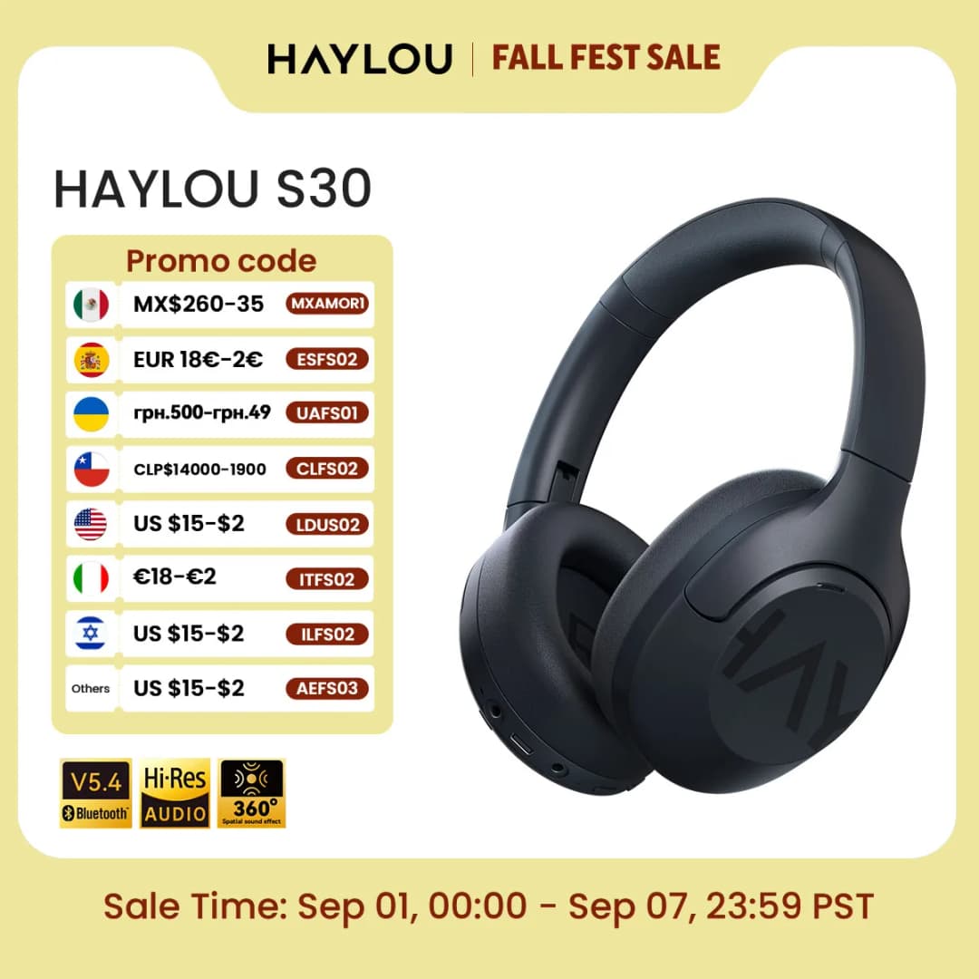 سماعات رأس HAYLOU S30 بلوتوث لاسلكي 5.4 إلغاء ضوضاء تكيّفي 43dB مشغّل 40 مم سماعات أذن بوقت تشغيل 80 ساعة
