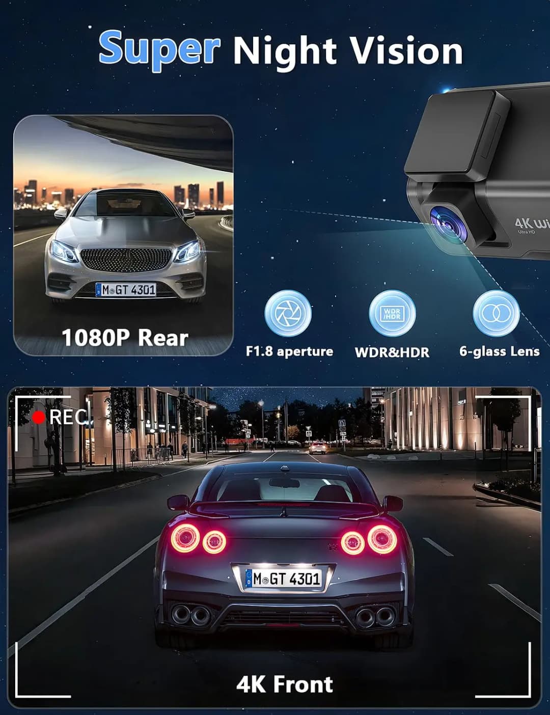 كاميرا داش Kocam بدقة 4K UHD، كاميرا أمامية وخلفية مزدوجة العدسة مع رؤية ليلية 24 ساعة، شاشة ركن السيارة، وصندوق أسود - 5