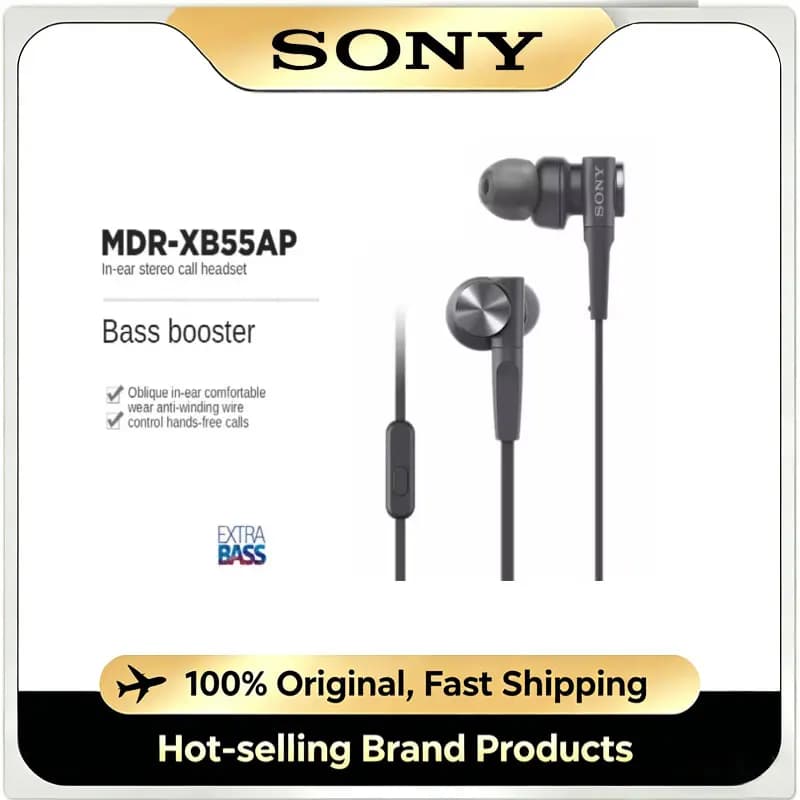 سماعات أذن سلكية SONY MDR-XB55AP مع باس إضافي، ستيريو HiFi، ميكروفون، تحكم مدمج، مناسبة للرياضة
