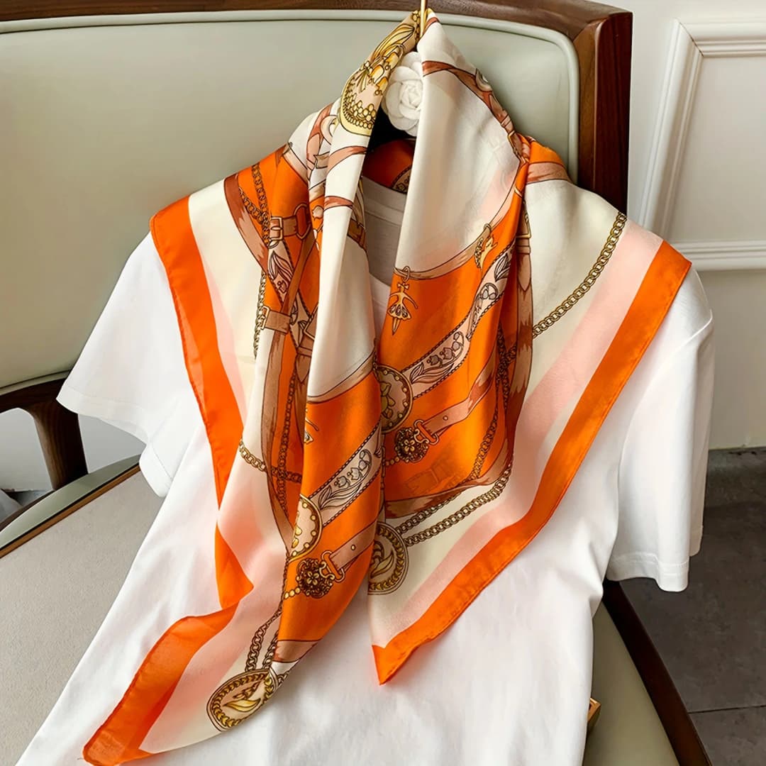 Orange Navy Blue Printed Square Scarf Thin Breathable Sunscreen Shawl Casual Outdoor Windproof Head Wrap For Women - 5
