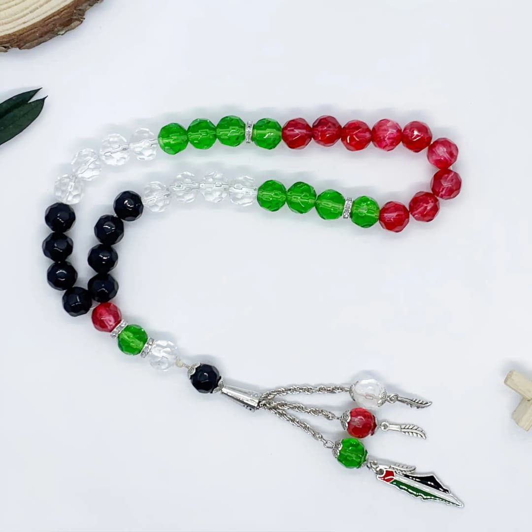 مسبحة إسلامية من الكريستال 33 حبة 8/10 ملم بألوان العلم الفلسطيني الأحمر والأخضر والأبيض والأسود، اكسسوارات صلاة عصرية للرجال - 4