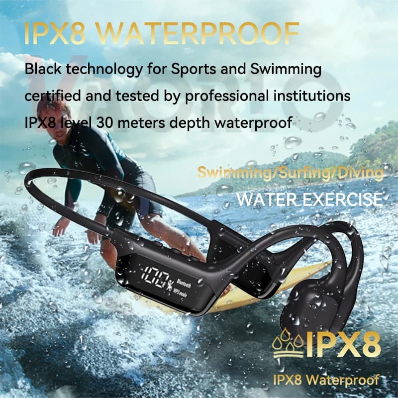 سماعات توصيل عظمي مقاومة للماء IPX8، بلوتوث 5.4، مشغل MP3 بسعة 32 جيجابايت، سماعات موسيقى للسباحة والغوص وركوب الدراجات في الصيف - 5