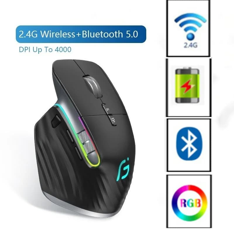 ماوس لاسلكي بلوتوث +2.4G قابل لإعادة الشحن 12 لون RGB LED ماوس ألعاب مريح للاعبي الكمبيوتر المحمول آيباد