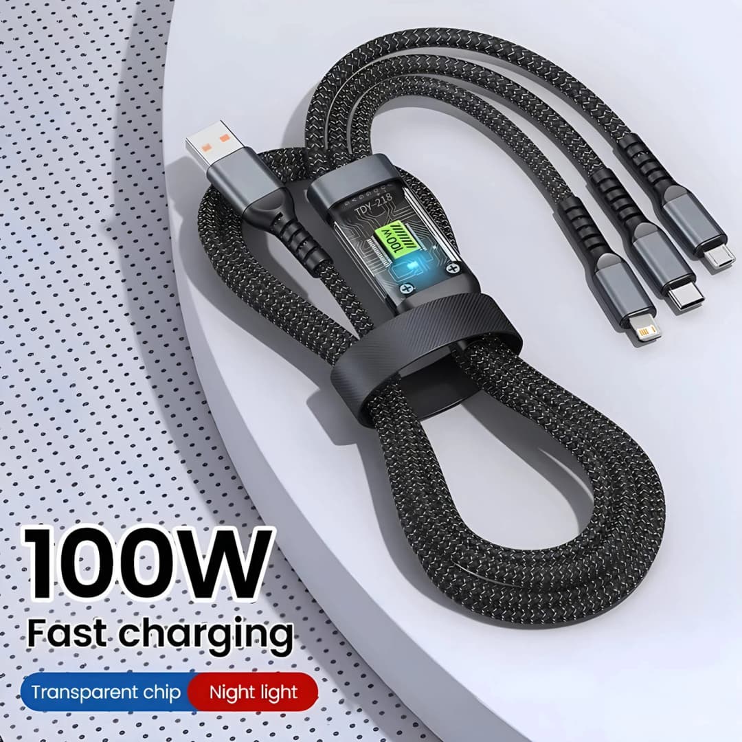 كابل شاحن سريع 3 في 1، USB 100 واط 6A، كابل سيارة USB إلى Type-C ومايكرو لايتنينج لآيفون 16 و15 و14 و13 وسامسونج وشاومي وهواوي