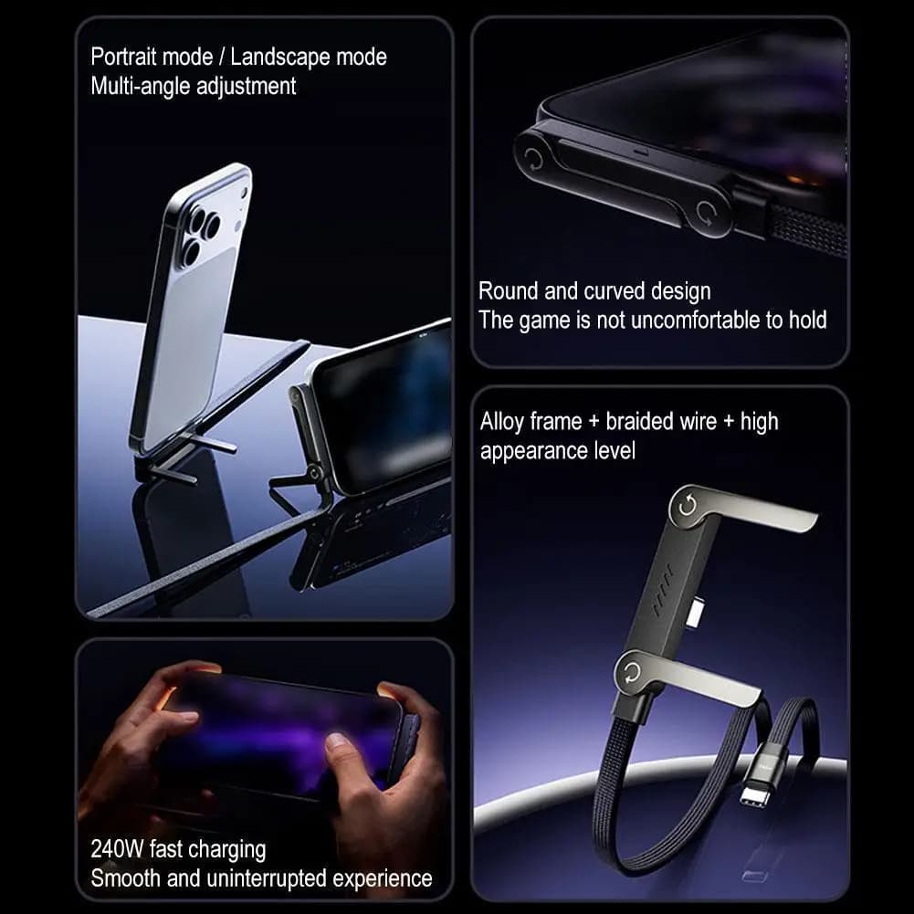 كابل 2 في 1 PD USB C بقوة 240 واط مع حامل هاتف قابل للطي والدوران 90 درجة كوع مخصص للألعاب كابل مضفر بسرعة 480 ميجابت/ثانية شحن سريع ونقل بيانات - 4